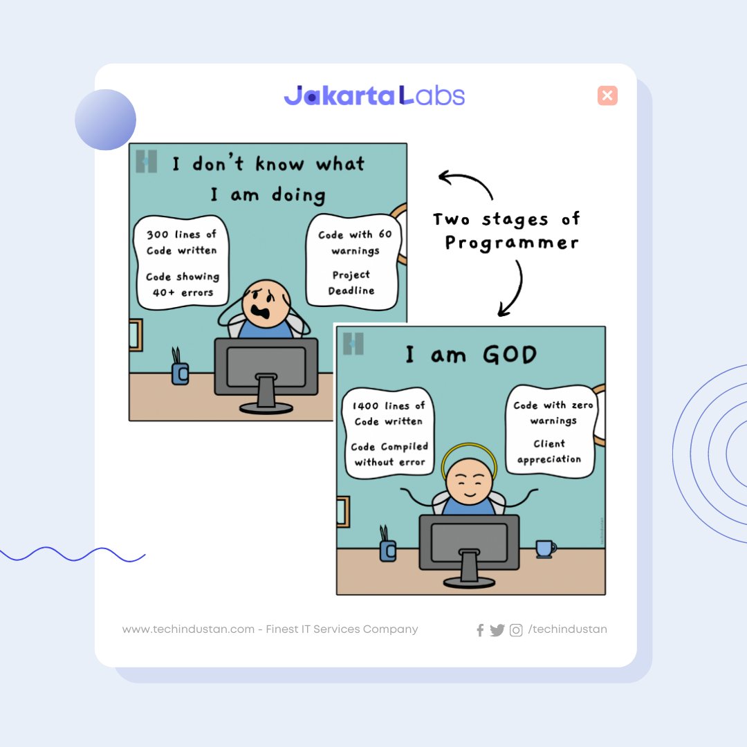jakartalabs's tweet photo. Yang tadinya burn-out🥵 jadi chill-out😮‍💨!

Inilah lika-liku seorang Programmer di belakang layar komputer pas lagi otak-atik bahasa pemograman. Buat JLpeeps yang berprofesi sebagai Programmer, relate nggak, nih? #codinglife https://t.co/ofCSoCfbwT