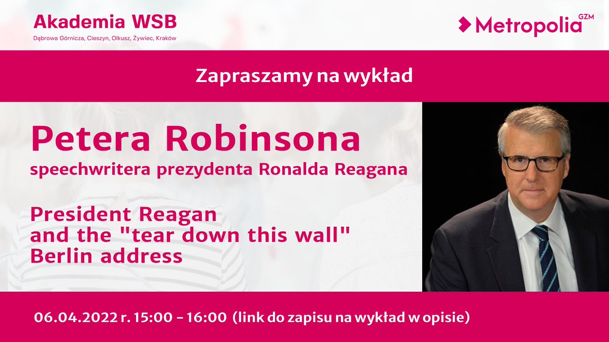 metropoliagzm's tweet photo. 📢"Panie Gorbaczow, zburz ten mur!" - tymi słowami prezydent USA Ronald Reagan wzywał przywódcę ZSRR do zburzenia muru berlińskiego, podczas słynnej przemowy w 1987r. Jej autorem był Peter Robinson, który poprowadzi serię wykładów dla studentów w GZM. 👨‍🎓👩‍🎓
https://t.co/lwfFaQxJPJ https://t.co/Szf3XSDzUm