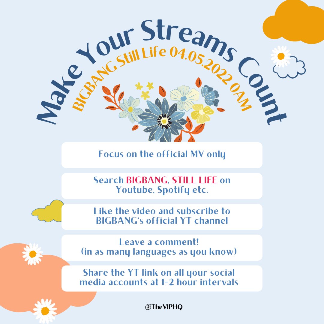 TheVIPHQ's tweet photo. [MAKE YOUR STREAMS COUNT!]

✅ Focus on the official MV only
✅ Search BIGBANG, STILL ALIVE 
✅ Like and subscribe
✅ Comment
✅ Share the YT link 

D-1 FOR STILL LIFE
BIGBANG STILL LIFE TEASER 4
@YG_GlobalVIP
#StillLife_TEASER4 #빅뱅 #BIGBANG https://t.co/Ab0J5WAd1b