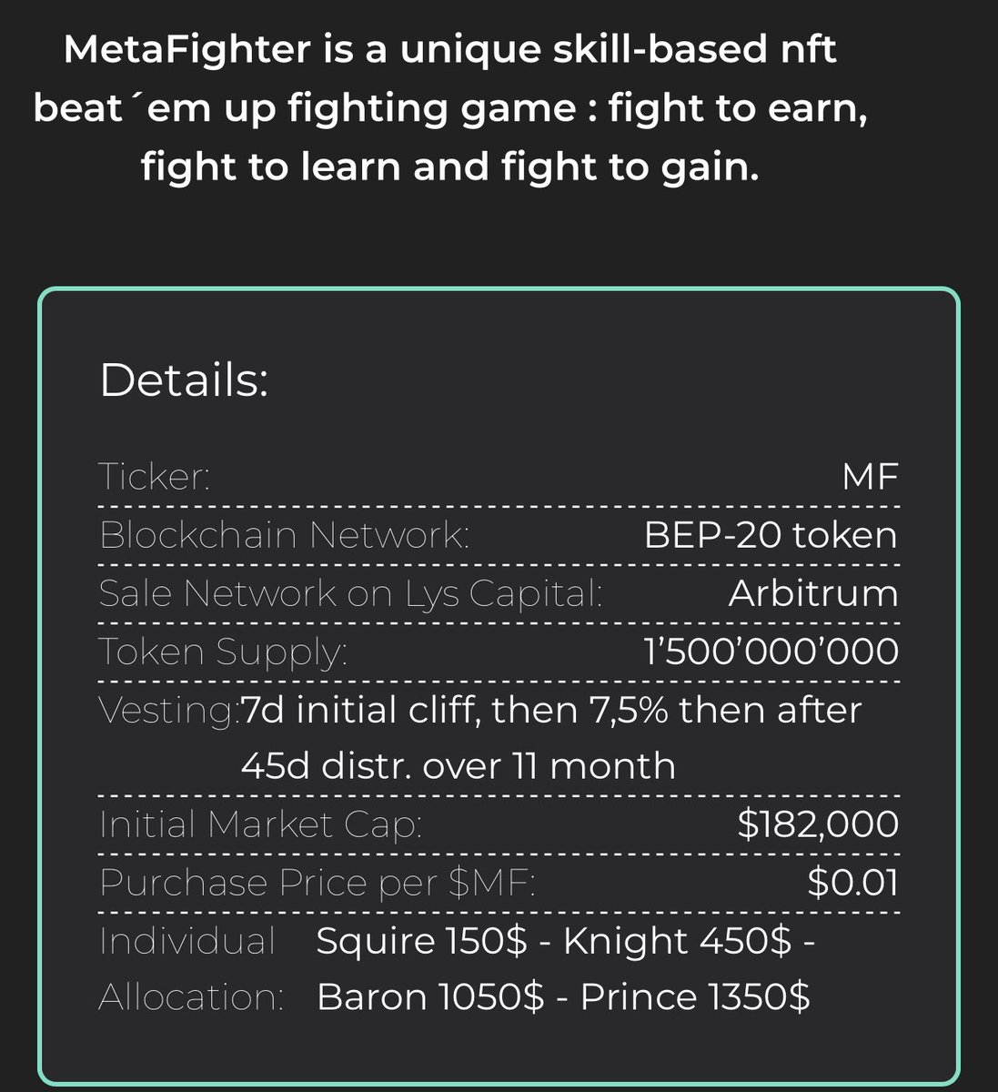 CapitalLys's tweet photo. Sale live! @MetaFighter_NFT 

https://t.co/2dxI76shXO

Open for tiers now! ⚔️
FCFS tomorrow at 11AM UTC for all (if tiers round not full) 

Let’s go knights 🚀 https://t.co/jg63n9Cdar