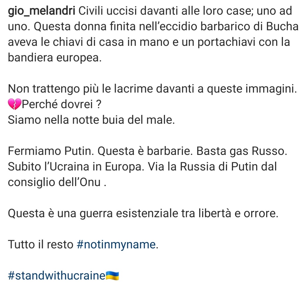 GioMelandri's tweet photo. Come fermare questa barbarie? Come fermare Putin? Basta al #gasrusso. Via la #Russia dal consiglio di sicurezza #ONU. Occorre aiutare #Ucraina e portarla presto nell'#UE. Qui mio pensiero, dopo terribili immagini di #Bucha ▶️
#StopPutinNOW #StandWithUkraine #ukraine https://t.co/zKpY72eS8o
