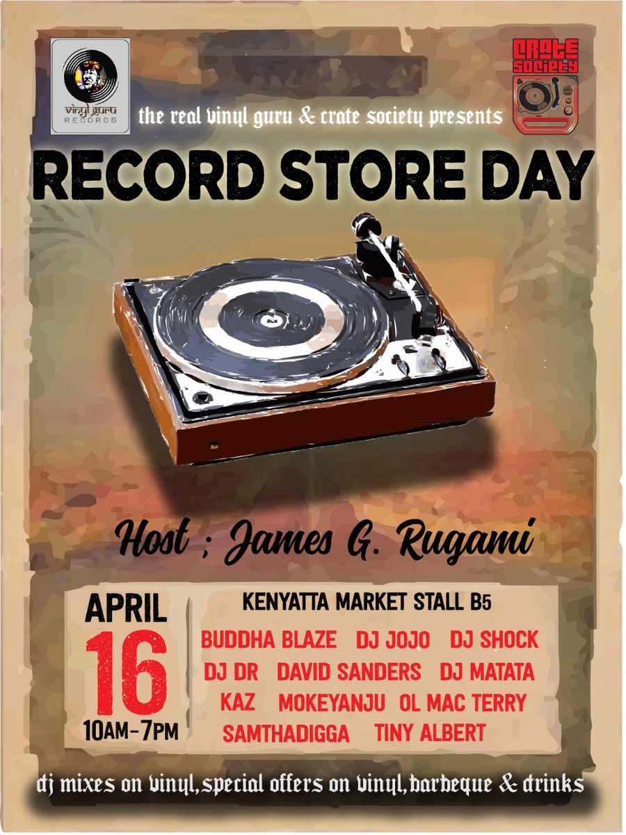 Record Store Day happens every 3rd Saturday of April. We have held one at @realvinylguru's shop in Kenyatta Market since 2017.. 2020/21 didn't happen though.. it has always been a fun day. Come through @samuelombasa and @midL_east will he playing along side other deejays..