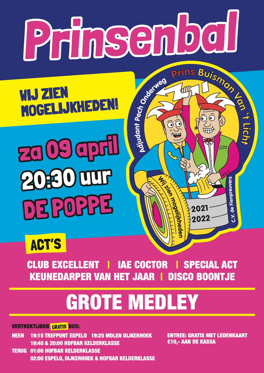 Komende zaterdagavond is het weer tijd voor ons jaarlijkse Prinsenbal dit keer ter ere van onze Prins Buisman Gratis Busvervoer vanaf de Hofbar. #Carnaval #Fienpreuvers #Holten #Carnavalov #Wijzienmogelijkheden