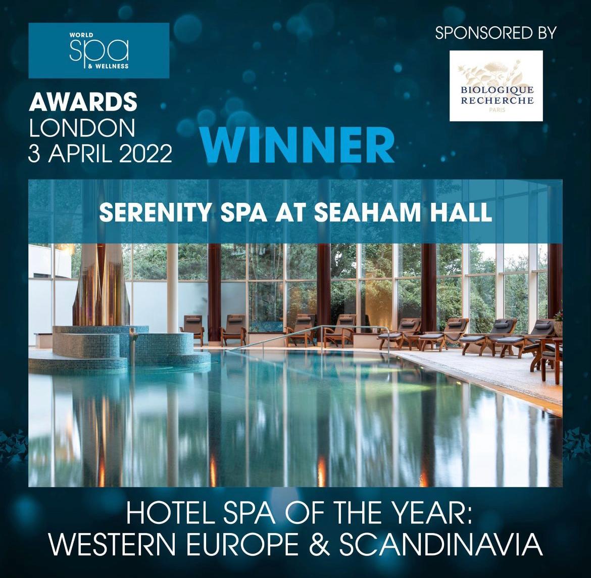 SeahamHallHotel's tweet photo. More exciting news to kick off the week - we've won Hotel Spa of the Year: Western Europe &amp; Scandinavia!

A huge congrats to our fellow nominees, and most of all the Serenity Spa team. It's a huge honour to be recognised on a global scale. 

#WSWawards #MondayMotivation #spa https://t.co/oCxbYD7r0U