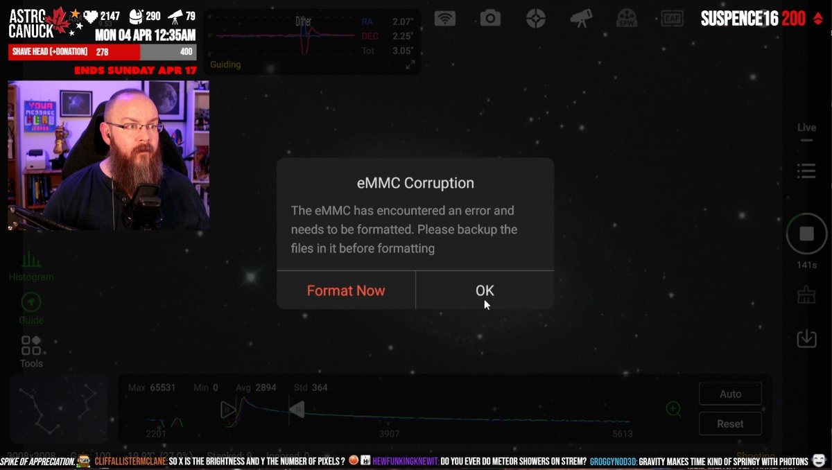 AstroCanuck's tweet photo. A tremendous night of live astrophotography - even when our #ASiairPlus eMMC corrupted; live troubleshooting amiright? Big 💟 to @FlavaFade @ShelbyKake @RockitSage & @ChrisPirillo. We sent the crew to Scottyrotten68, on his 12hr stream.
#astronomy #Astrophotography #toenailmoon https://t.co/1wE7LXNSSn