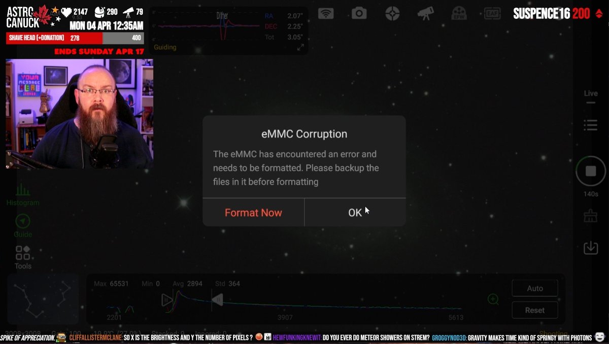 AstroCanuck's tweet photo. A tremendous night of live astrophotography - even when our #ASiairPlus eMMC corrupted; live troubleshooting amiright? Big 💟 to @FlavaFade @ShelbyKake @RockitSage & @ChrisPirillo. We sent the crew to Scottyrotten68, on his 12hr stream.
#astronomy #Astrophotography #toenailmoon https://t.co/1wE7LXNSSn