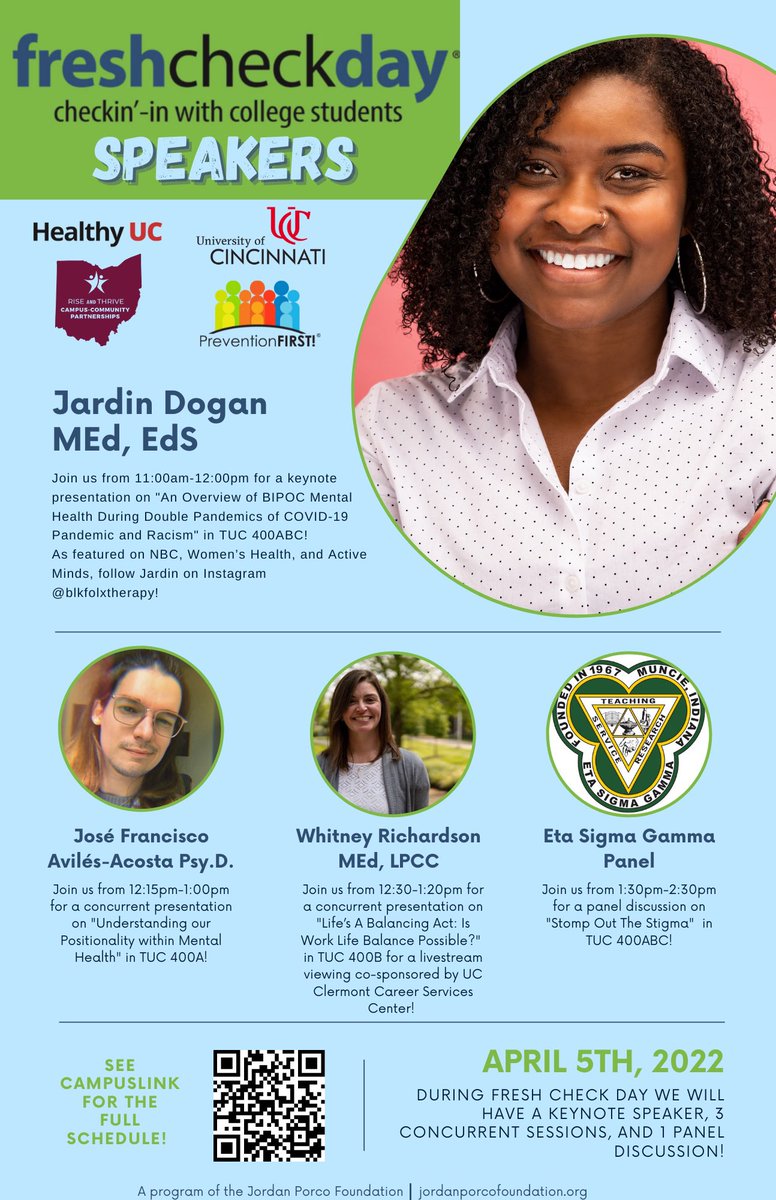 Come to TUC tomorrow to listen to some amazing speakers! Fresh Check Day is pleased to welcome Jardin Dogan (MEd, EdS), José Francisco Avilés-Acosta (Psy.D), Whitney Richardson (MEd, LPCC), and Eta Sigma Gamma! See CampusLink for the full schedule! See you there! #FreshCheckDayUC
