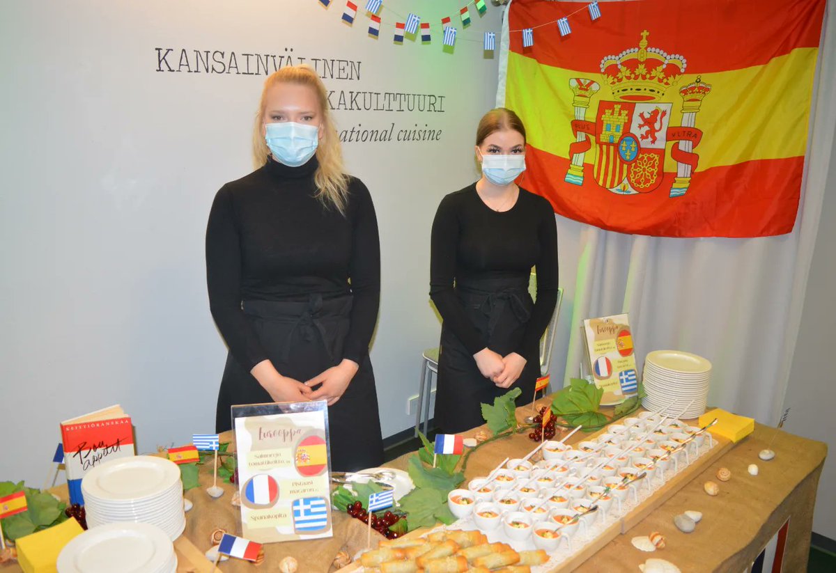 MmtTamk's tweet photo. TAMK's Hospitality management students organized an international food market on Friday as part of their studies. Students served two or three dishes from different countries. I got to enjoy all the delicious dishes and my own favorite was the Spanish tomato soup. https://t.co/snxHkZn0oW