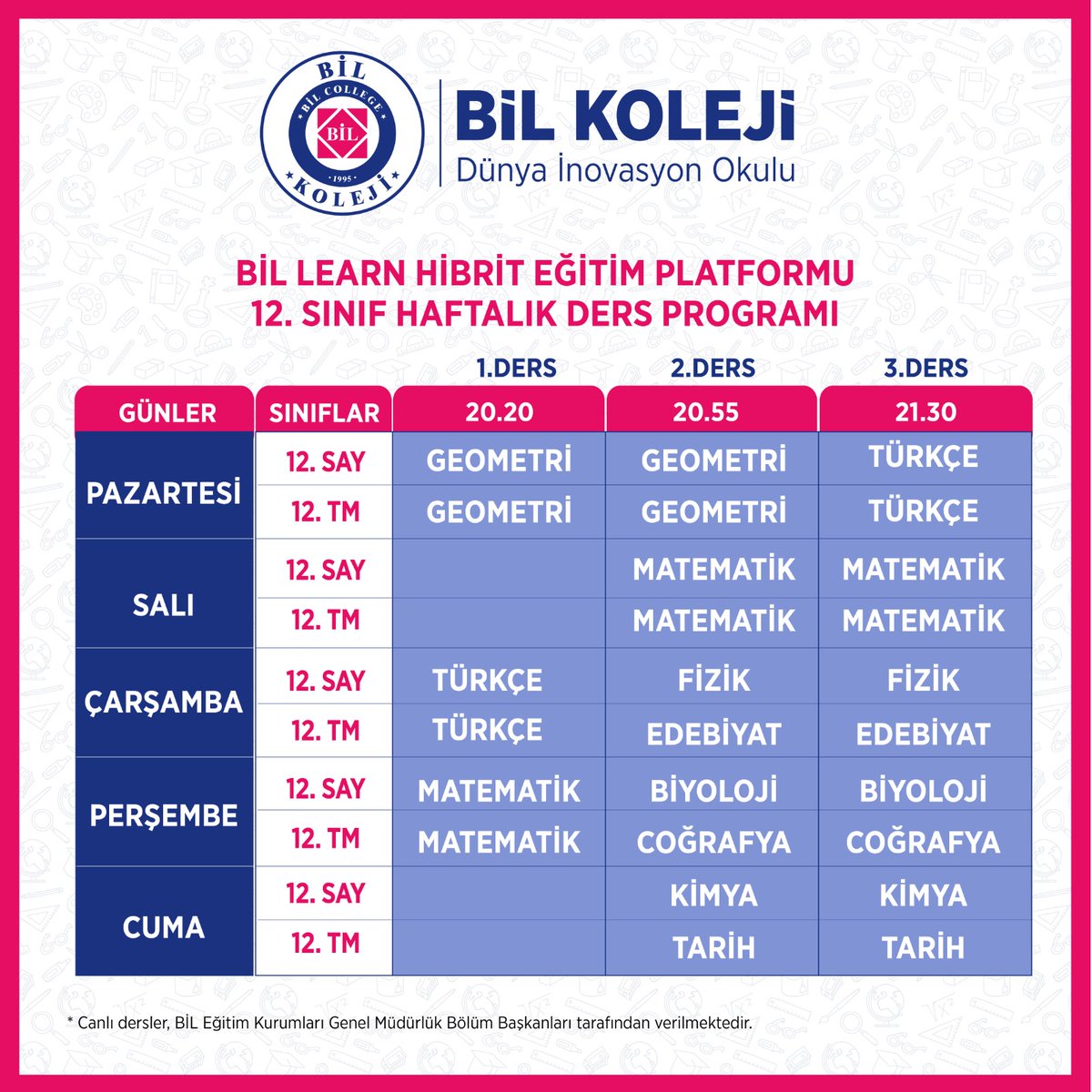 BİL LEARN Hibrit Eğitim Platformu 2021-2022 canlı dersler lise haftalık ders programı yayınlandı.
