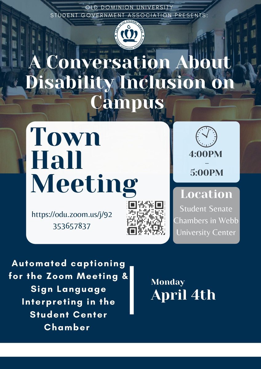 Hey Monarchs 🦁.Come out TODAY to our Town Hall! Engage in a conversation about disability inclusion on campus with the Office of Education Accessibility.

Date: Monday, April 4th
Location: Student Senate Chambers In Webb University Center 
Time: 4:00pm - 5:00pm