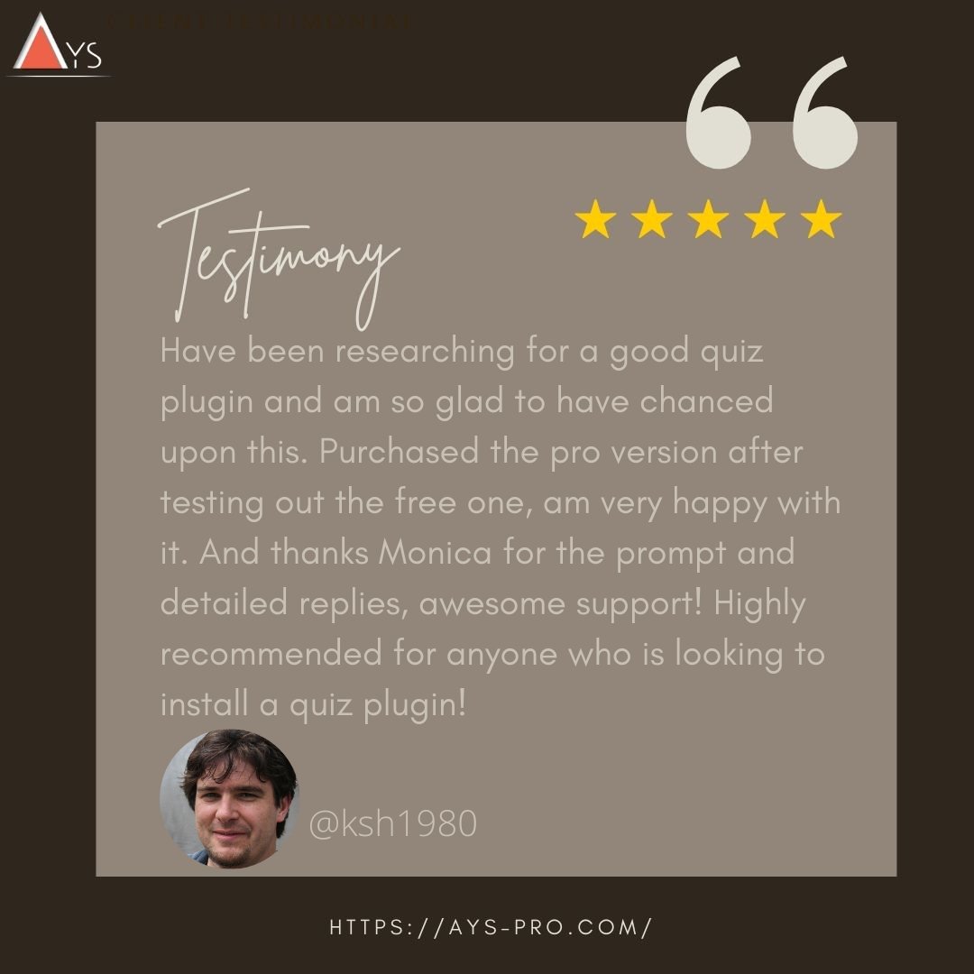 AysProPlugins's tweet image. Thank you so much for such kind words 💙 Your feedback motivates our team to move on and make more interesting innovations.

And thank you Monica for awesome support 😍

#ayspro #wordpress #plugins #testimony #customers #feedback #motivation #team #innovations #quizmaker #quiz