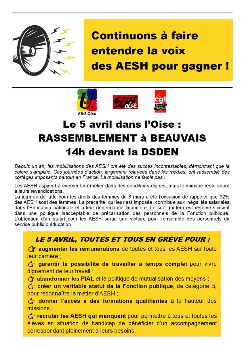 fsu_60's tweet photo. #AESH #5avril #Oise #Beauvais grève des AESH : continuons à faire entendre la voix des AESH pour gagner !
En grève et dans la rue : rdv 14h devant la DSDEN
https://t.co/TAfPcU4OVS https://t.co/hZODRVBGga