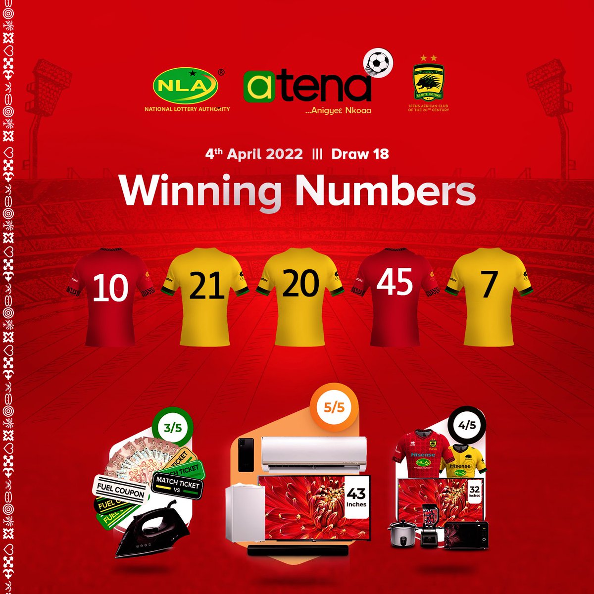 NlaAtena's tweet image. Fabulous fans, your winning numbers for week 18.
Simply dial the #deepCode *780# to play with as little as Ghs2 or more. Experience the #atenasmile!
Follow and like this page for more updates.
atena, Anigyeɛ Nkoaa!
@asantekotokosc @dailyporcupine @happy989fm @AsanteKotoko_SC