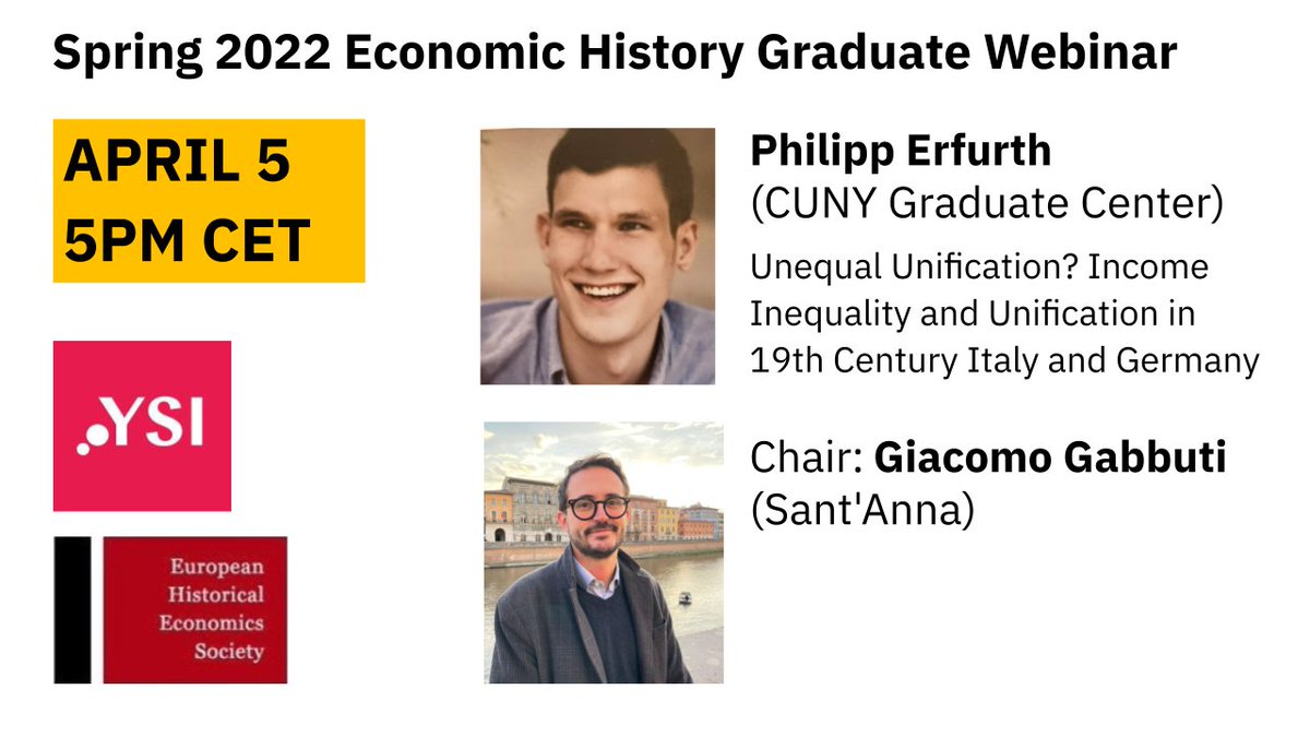 YSI-EHES Economic History Graduate Webinars (@webinarysi) on Twitter photo 📌Join us tomorrow at 5pm CET for a YSI #econhist discussion with <a href="/theErforce/">Philipp Erfurth</a> on the Income Inequality and Unification in 19th Century Italy and Germany
We are excited to welcome <a href="/GGabbuti/">Giacomo Gabbuti</a> as a chair for this session!
Registration: bit.ly/3tWiRRS
See you online! 📌Join us tomorrow at 5pm CET for a YSI #econhist discussion with <a href="/theErforce/">Philipp Erfurth</a> on the Income Inequality and Unification in 19th Century Italy and Germany
We are excited to welcome <a href="/GGabbuti/">Giacomo Gabbuti</a> as a chair for this session!
Registration: bit.ly/3tWiRRS
See you online!