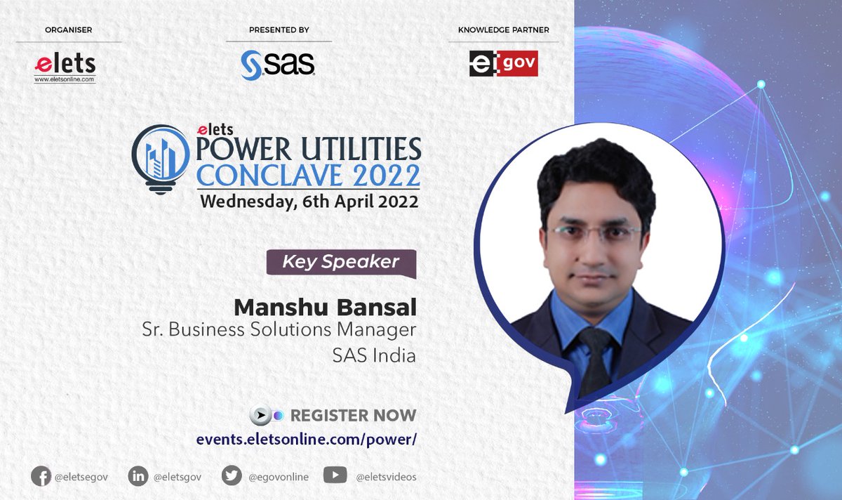 sasindia's tweet photo. Join our #SASExpert at the elets Power Utilities Conclave 2022 on 6th April and learn how emerging technologies like AI/ML powered advanced analytics can be the game-changer for improving consumer analytics!
Click here for more: https://t.co/UErV68VTel
#SAS #SASEvent https://t.co/VUk72uh1Rj