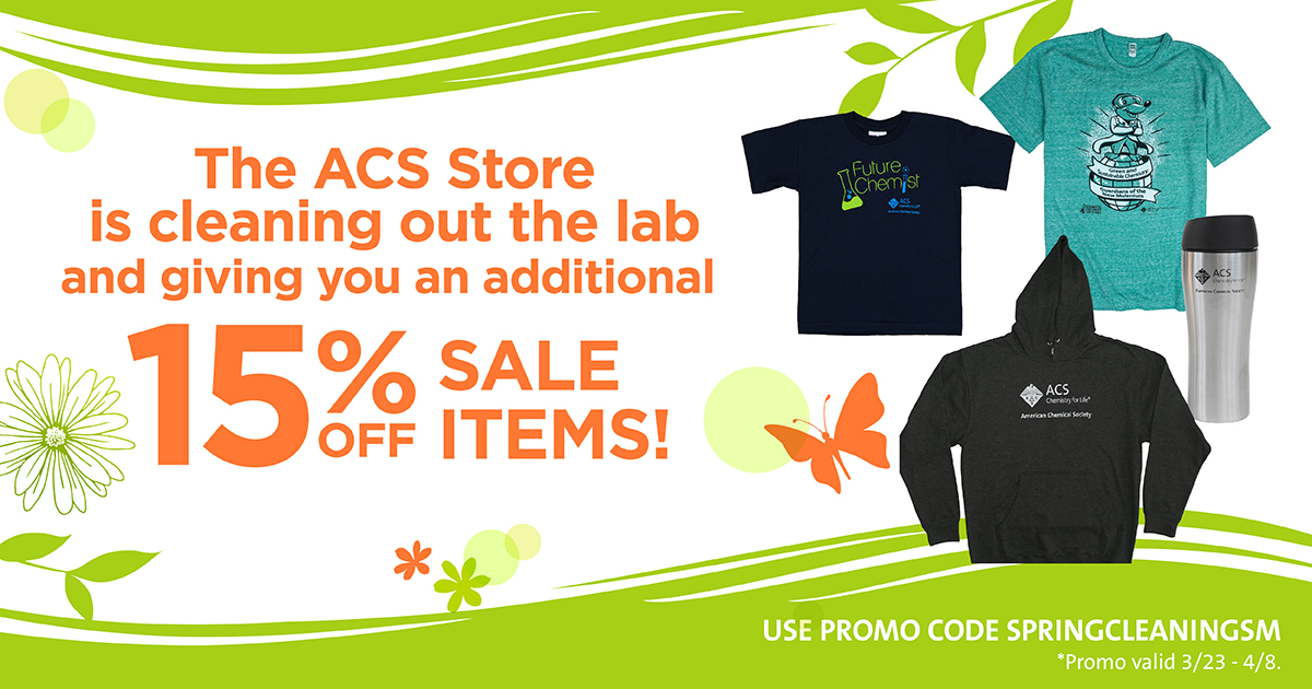 AmerChemSociety's tweet photo. 🌼🌸 Upgrade your Spring Style 🎽🧢 & show your #chemistry pride with BIG savings on popular #ACSStore Apparel, Drinkware, Masks, & more! Use Promo Code SpringCleaningSM to get 15% OFF all Sale items!. Promo ends on April 8. Shop now at https://t.co/wRzaIBQelP #SpringCleaning https://t.co/O8Jsy6sinP