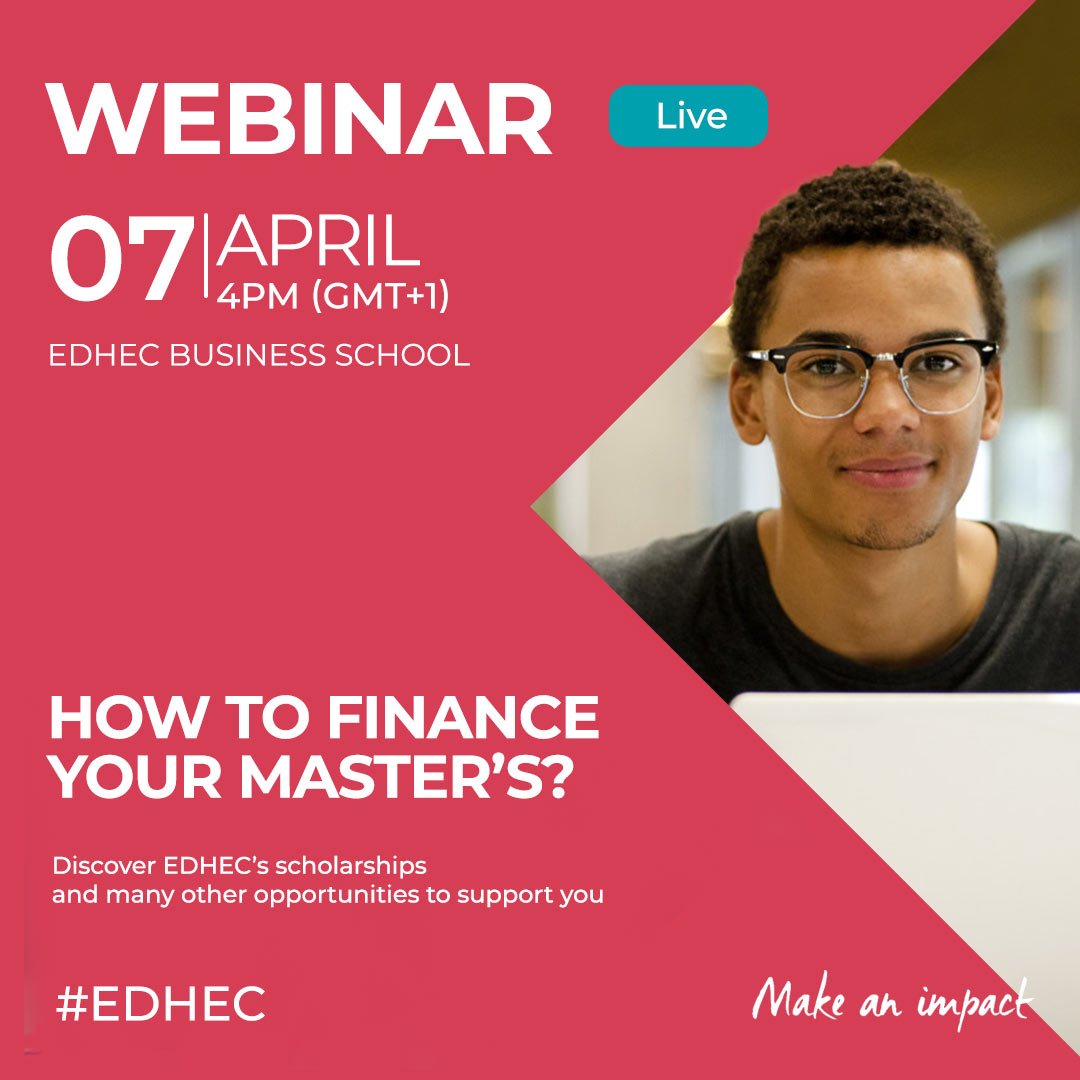 Find out about EDHEC's scholarships to help you finance your Master's Programme. Join our #LIVE event and ask all your questions to our International Recruitment Manager ➡️ ow.ly/bjFW50Izv5c