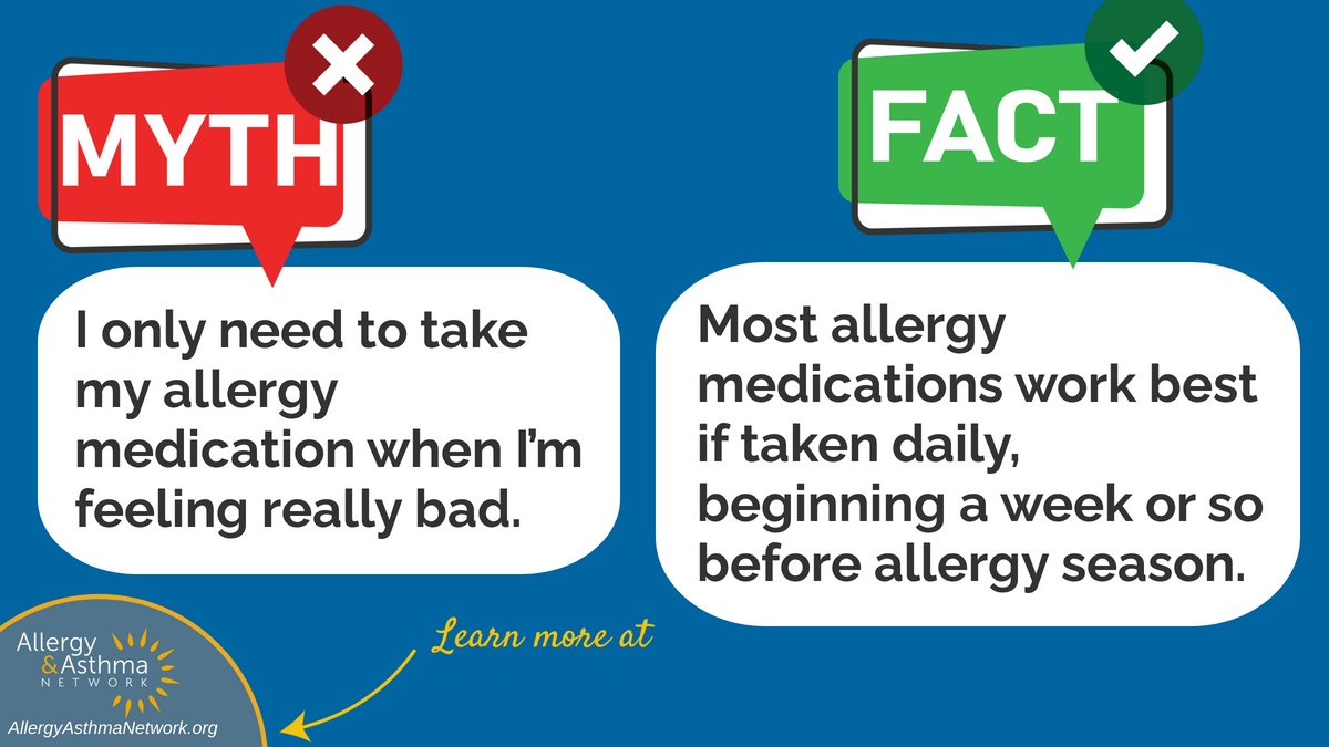 AllergyAsthmaHQ's tweet photo. MYTH: I only need to take my allergy medication when I’m feeling really bad.
TRUTH: Most allergy medications work best if taken daily, beginning a week or so before allergy season.
Check out more of our #SpringAllergy myths and tips here - https://t.co/YGvcKZK97x https://t.co/wI1j72ENHr