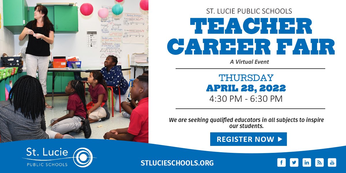 1SLPS's tweet photo. St. Lucie Public Schools is Hiring Teachers!
Join us for a Virtual Career Fair from the comfort of your own home! https://t.co/YtT9qov1a3
#hiring #careers #recruiting #lovewhatyoudo #teacherswanted #BestPlace2Work https://t.co/Y2rWA9sbUw