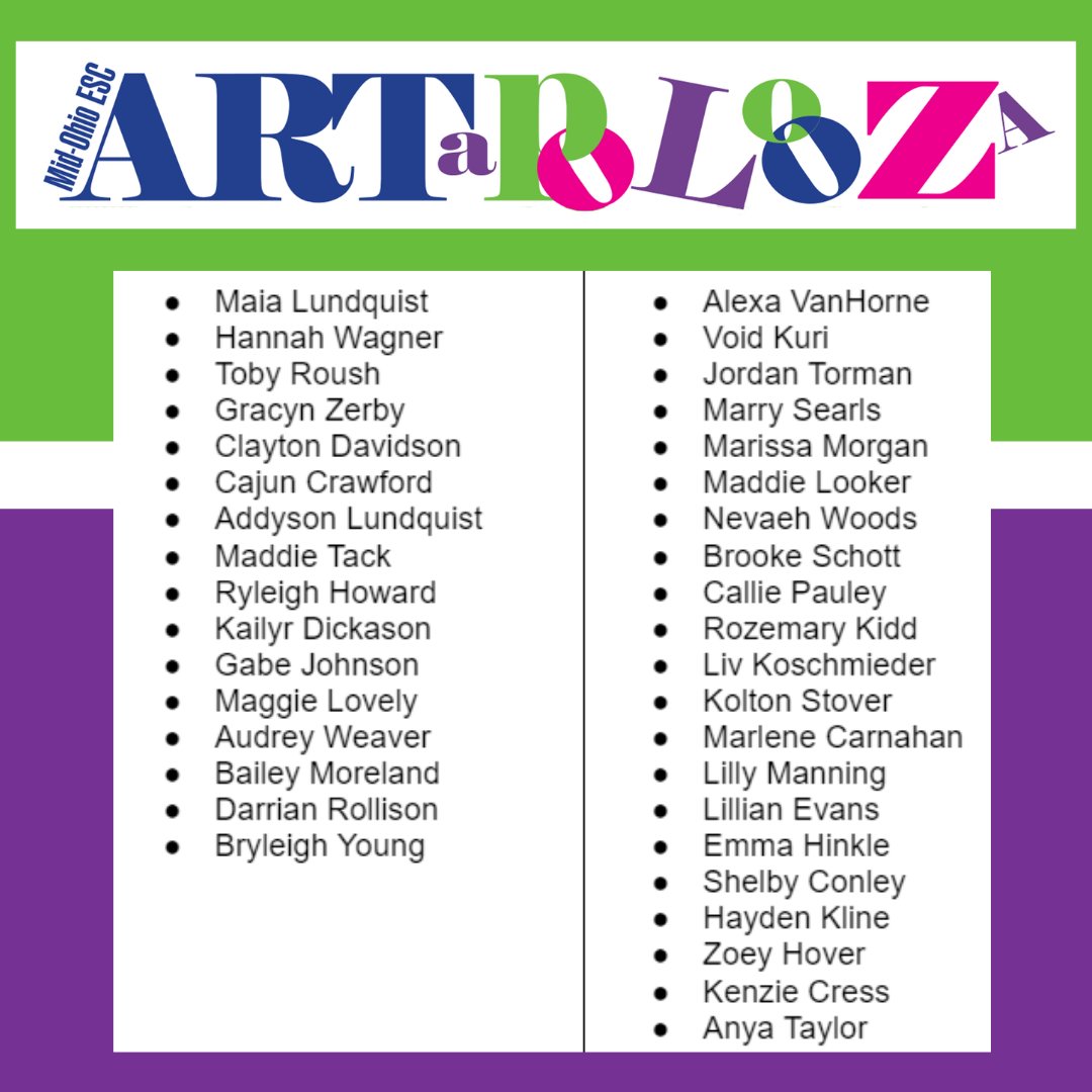 Congratulations to the High School students listed whose artwork was chosen to be displayed at Mid-Ohio Artapalooza in Mansfield! Artwork will be on display today through Wednesday evening with a reception Wednesday at 6:30pm.