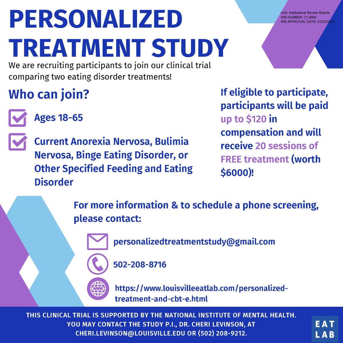 uofleatlab's tweet photo. Participate in a new PAID study with the EAT Laboratory. Join a clinical trial comparing two types of #eatingdisorder treatment! https://t.co/HTJnWDORS9