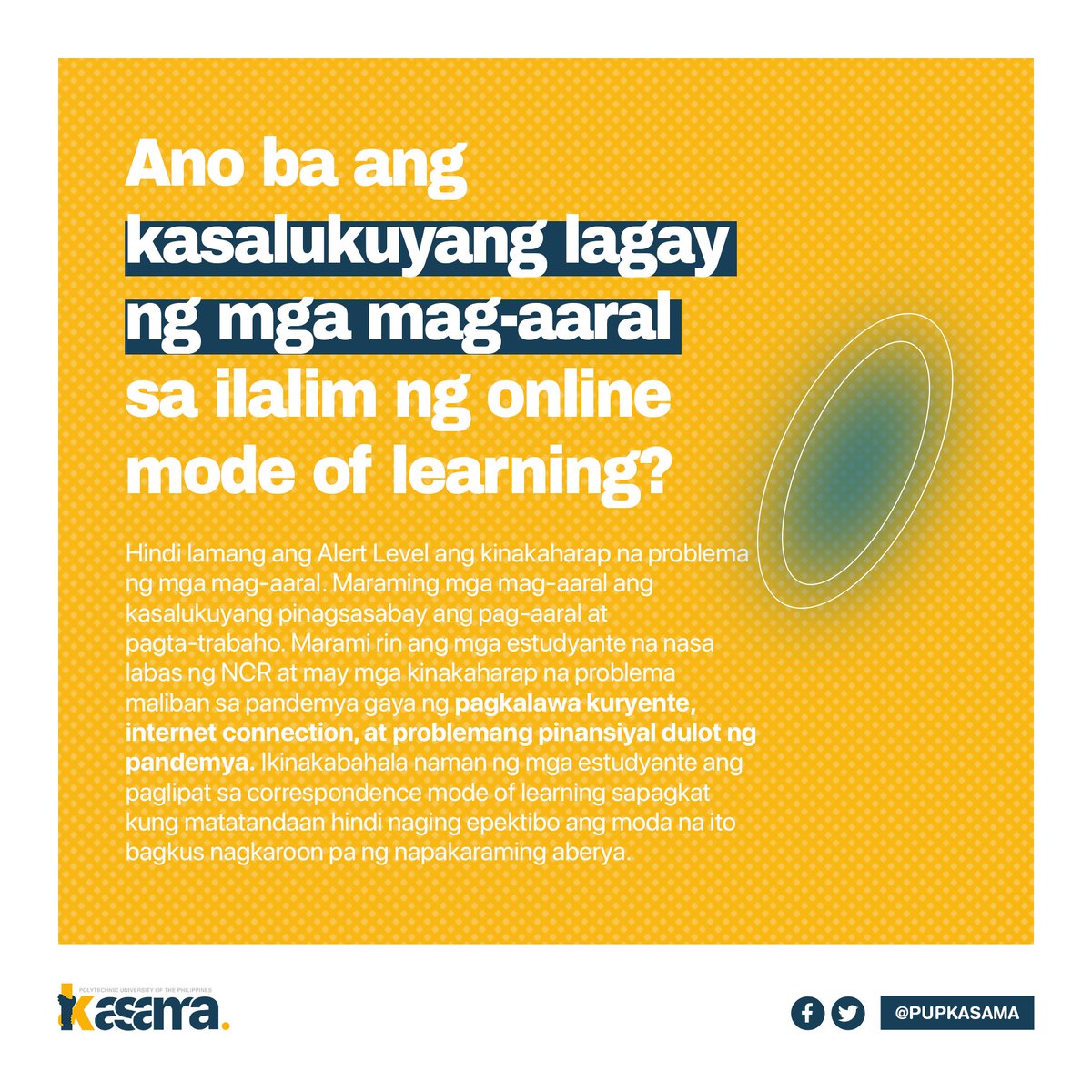 PUPKASAMA's tweet photo. Sa pagsulong ng ating pang-akademikong karapatan, may KASAMA ka!
Basahin ang buong kopya nito: https://t.co/fLSZRNyyvE
#PUPKASAMA https://t.co/CLiOaELN2v