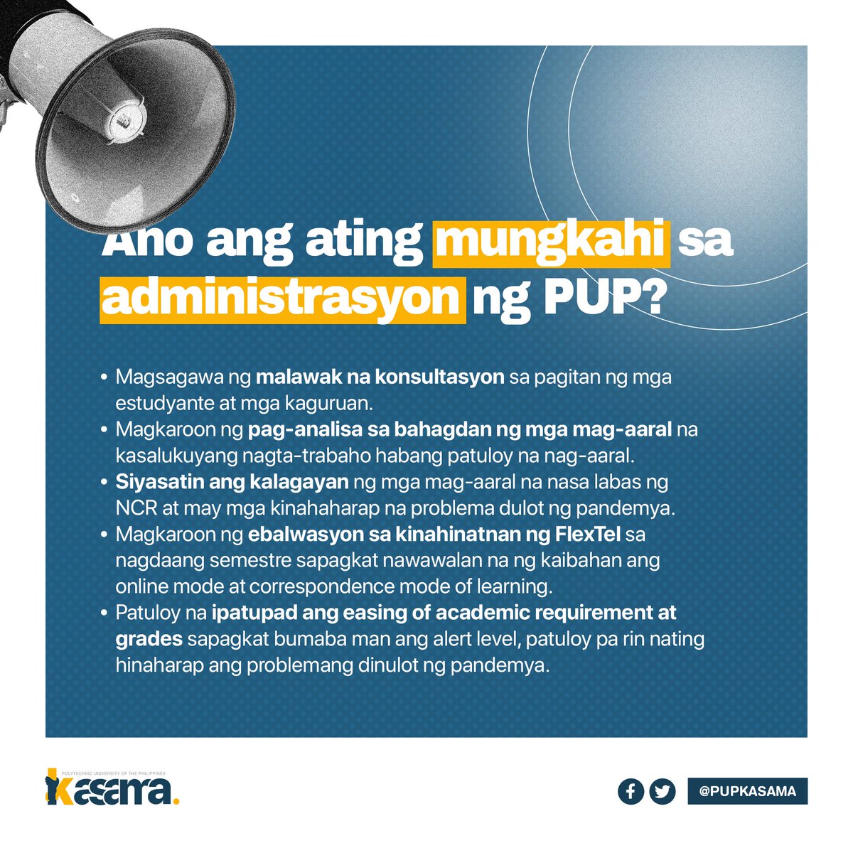 PUPKASAMA's tweet photo. Sa pagsulong ng ating pang-akademikong karapatan, may KASAMA ka!
Basahin ang buong kopya nito: https://t.co/fLSZRNyyvE
#PUPKASAMA https://t.co/CLiOaELN2v