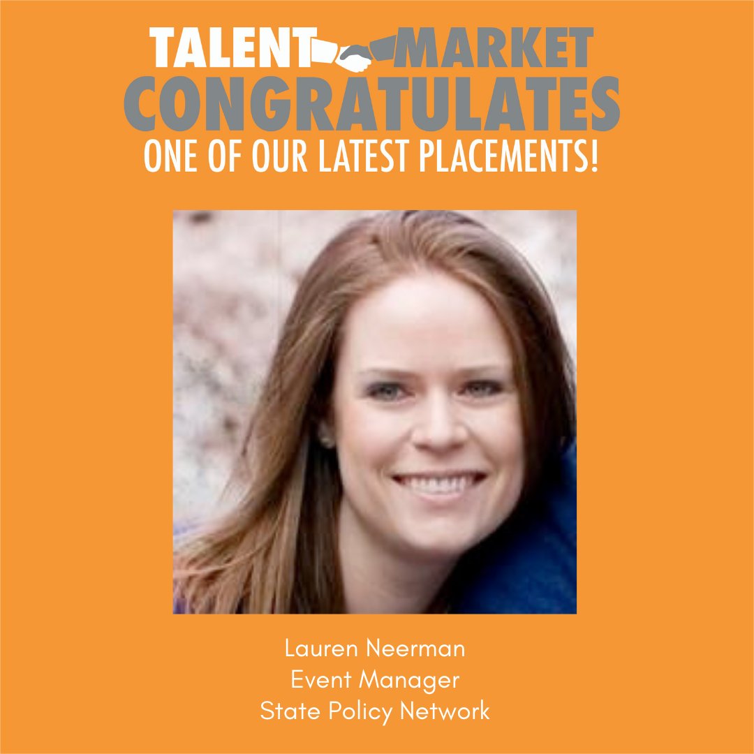 TalentMarket's tweet photo. Congratulations to recent Talent Market placement, Lauren Neerman, for joining @StatePolicy as their new Event Manager!

#libertyjob #eventsjob #virtualjob #talentmarketplacement https://t.co/7BbFb2e2y7