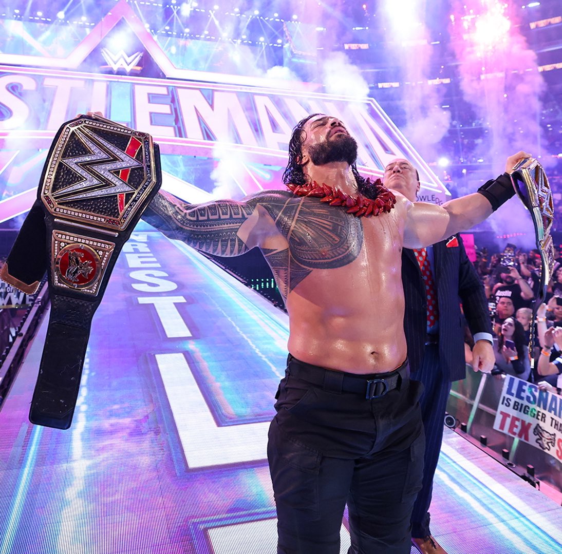WWEIndia's tweet photo. 🏆 G.O.A.T. 🏆 

#RomanReigns #WrestleMania  #MeraWrestleMania https://t.co/NkKySFAuZU