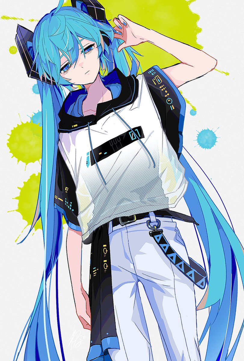 hatsune miku 1girl solo long hair twintails pants white pants blue eyes  illustration images