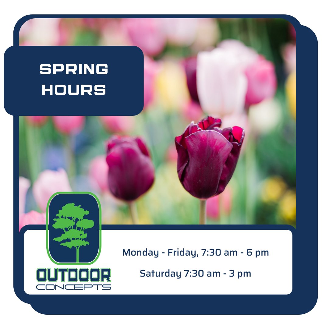 OCIbluffton's tweet photo. Spring is officially underway! To better provide for all your outdoor needs, we're adjusting our hours and staying open longer. Stop in and visit Monday through Saturday. We'd be glad to see you.

#springhours #busyseason #openlonger #hereforyou #localbusiness #outdoorconcepts https://t.co/3WgA7NJAGG