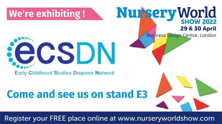 ECSDNetwork's tweet photo. Are you going to the @NurseryWorld show at the end of April. Come and see us at Stand E3 and hear all about the Early Childhood Studies Graduate Practitioner Competencies and meet some of the network too #ECSDN #EarlyChildhood #TeamEarlyChildhood https://t.co/louLBqlWal