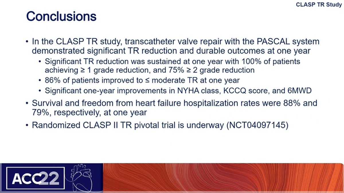 DrMarthaGulati's tweet photo. #ACC22 Transcatheter Tx Of TR: 1y Results Of The #ClaspTR Study
🫀Survival at 88% at 1 y
🫀TR ⬇️ to moderate or less, persist to 1 y
🫀Large ⬆️ in 6 min walk/QOL with TV repair
(this was an early feasibility study; await the ongoing studies) https://t.co/EdSF0T2bJr