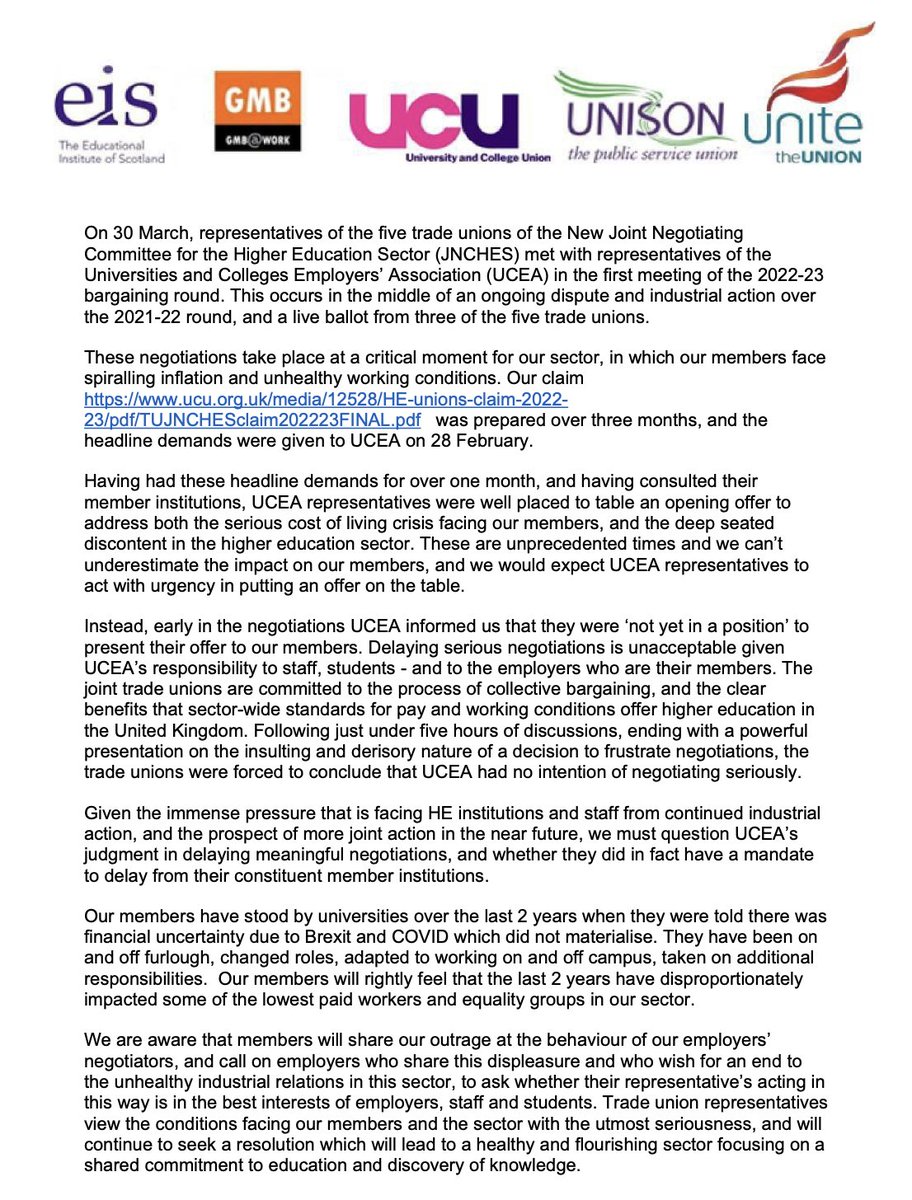 ucu's tweet photo. 🚨 Shamefully, the university employers' body UCEA haven't even brought a pay offer to the table despite having had months to prepare.

They are yet again blocking negotiations and still won't acknowledge the cost of living crisis. 

Joint statement: https://t.co/I4YATxPQeD