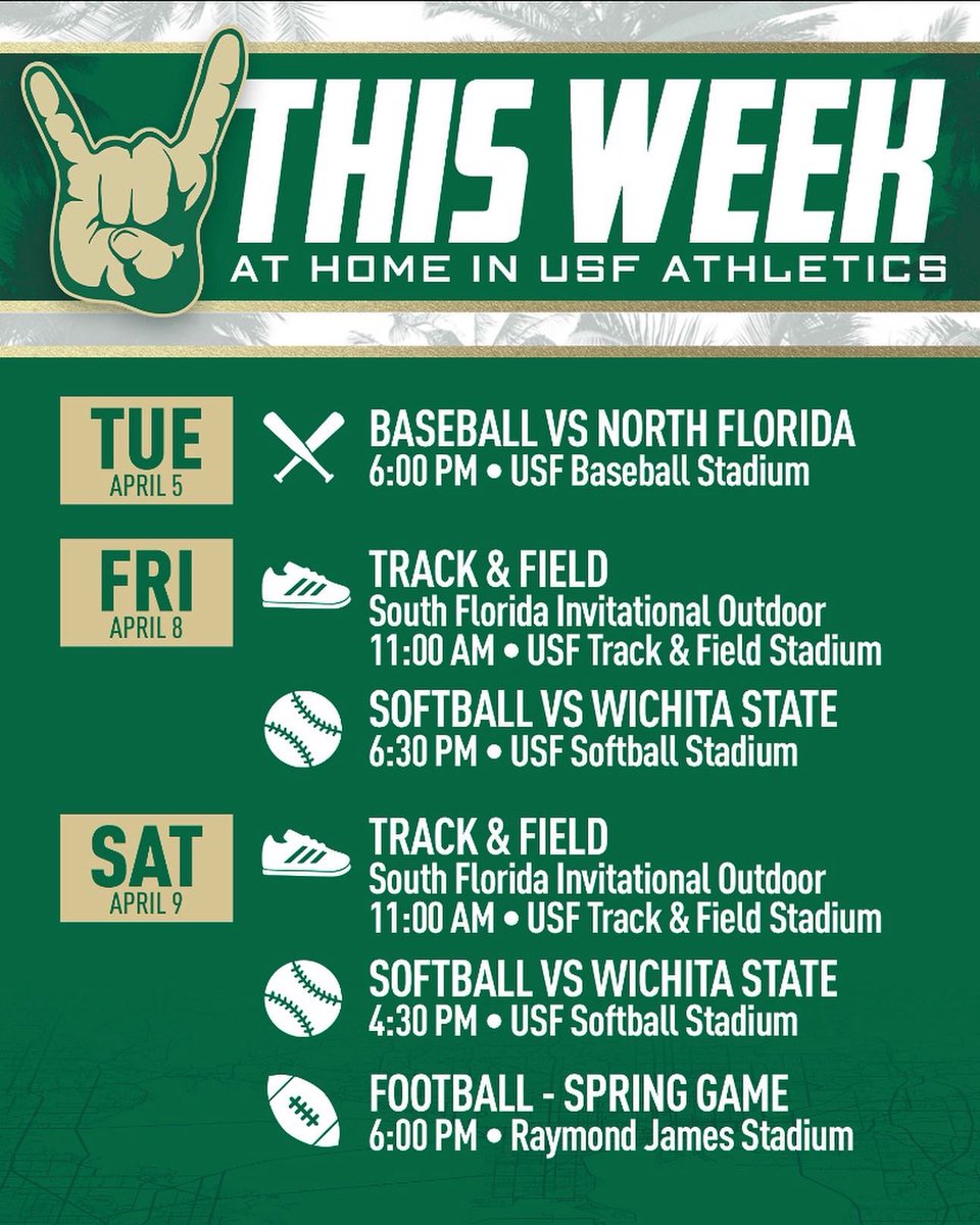 USFVarsityClub's tweet photo. Check out what’s going on this week at home in USF Athletics!

#HornsUp🤘 #CarryTheBoat https://t.co/bIMsWRMngn