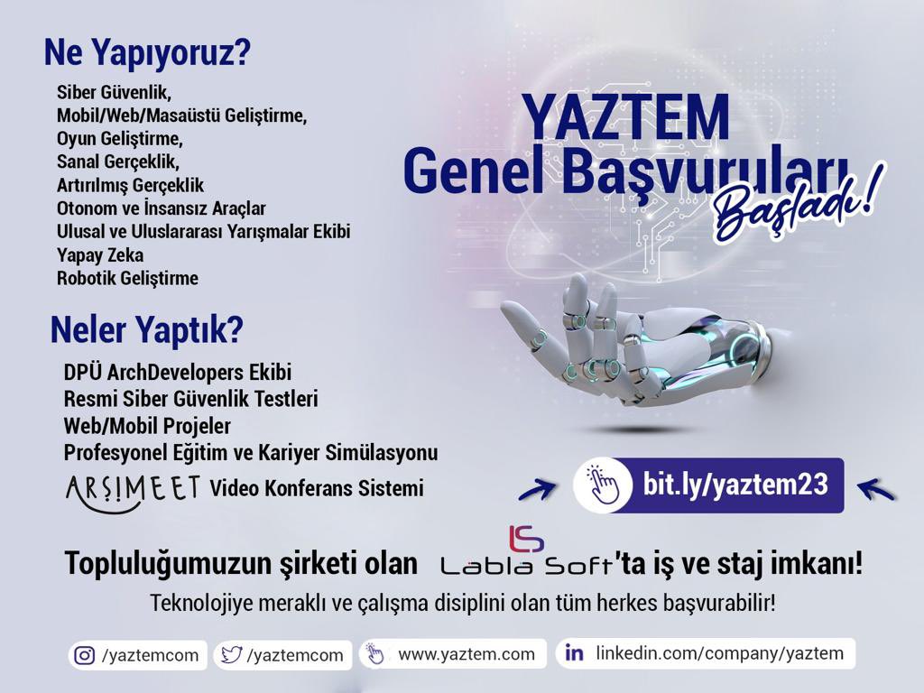 Yapay Zeka & Bilişim Teknolojileri Topluluğu (@yaztemcom) on Twitter photo YAZTEM Genel Başvuruları Başladı!
Sen de teknolojiye meraklıysan, dinamik bir ekip arıyorsan ve gerçek projelerde yer almak istiyorsan topluluğumuza başvurabilirsin.
Başvuru formu;
bit.ly/yaztem23
"Değer Katan Üniversitenin En Değerli Topluluğu"
<a href="/universitemDPU/">Kütahya Dumlupınar Üniversitesi</a> YAZTEM Genel Başvuruları Başladı!
Sen de teknolojiye meraklıysan, dinamik bir ekip arıyorsan ve gerçek projelerde yer almak istiyorsan topluluğumuza başvurabilirsin.
Başvuru formu;
bit.ly/yaztem23
"Değer Katan Üniversitenin En Değerli Topluluğu"
<a href="/universitemDPU/">Kütahya Dumlupınar Üniversitesi</a>