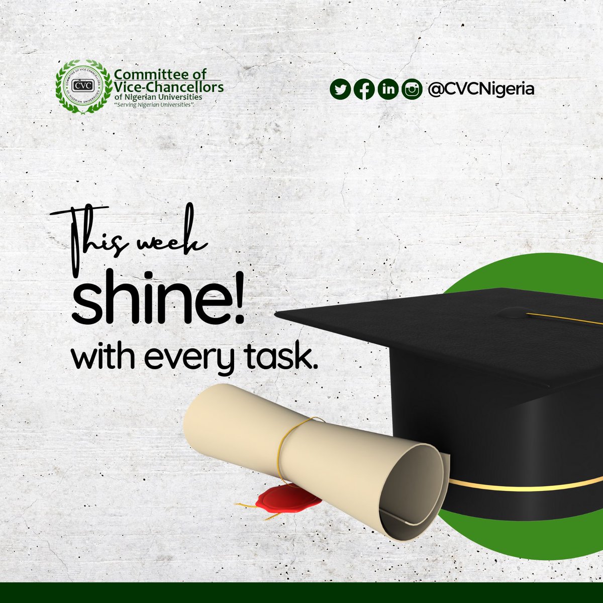 CVCNU's tweet photo. Resolve to shine uncontrollably this week.
.
From all of us at CVCNU

#cvcnu #cvcnigeria #cvc #cvcat60 #Nigerianuniversities #GRAMMYs https://t.co/ecy1Tty4nX