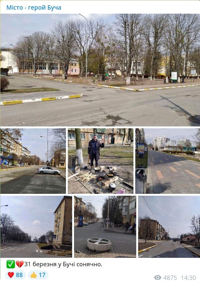 Darsay07's tweet photo. Интернет помнит всё: знакомитесь - это Буча, 31 марта, войска РФ ушли сутки назад. Ни трупов, ни мусора, ни бардака. Через 2 часа в него войдут ВСУ и тероборона для зачистки от "колоборантов" :( https://t.co/gPGdlMjcTH