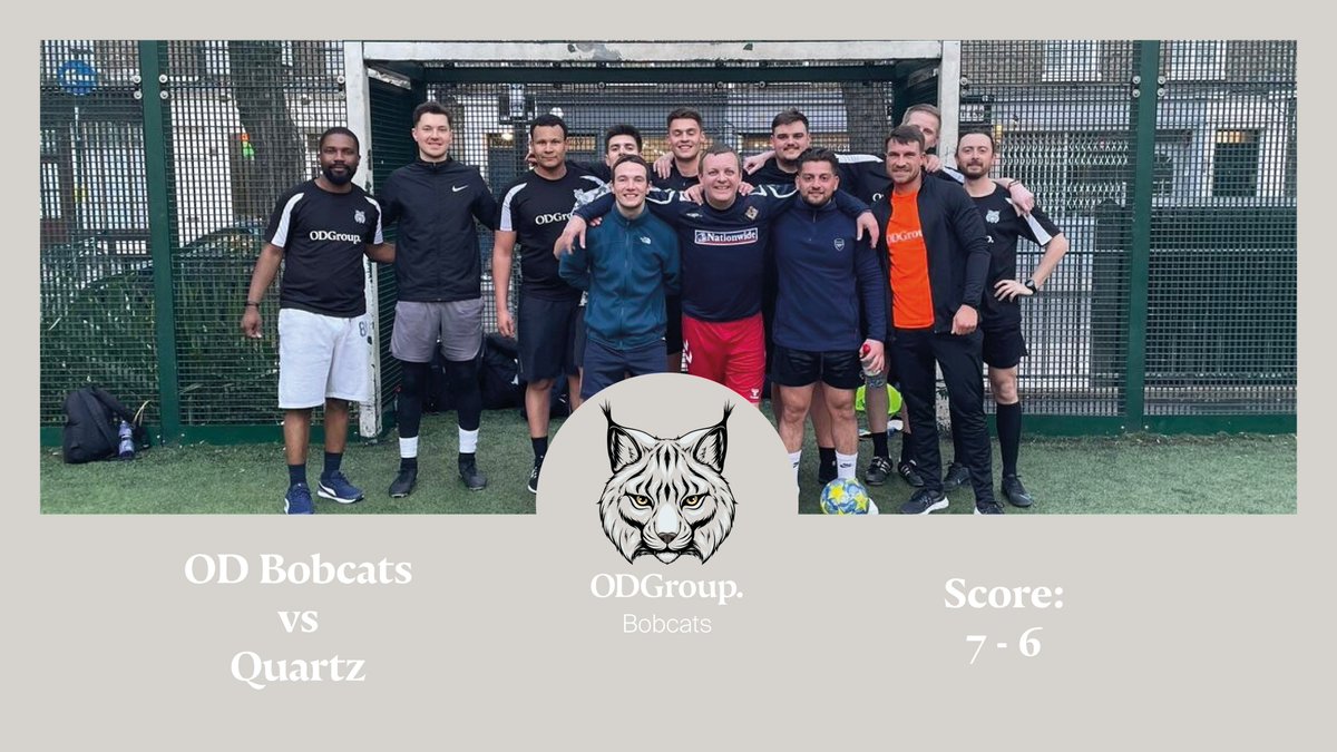 OdGroupLondon's tweet photo. In case you missed it, the #ODBobcats were back on the pitch last week, battling it out against players from @QuartzPS. The game ended with the ODBobcats, scoring a close 7 goals to Quartz’s 6. Well done to both teams for a well-played game! https://t.co/3OThmGDPpG
