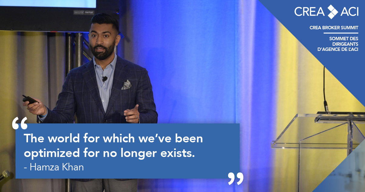 CREA_ACI's tweet photo. Best-selling author and recent REAL TIME guest @HamzaK discusses the importance of navigating the future of work with attunement, resilience, and creativity. #CREABrokerSummit https://t.co/rNY5QYZGvL