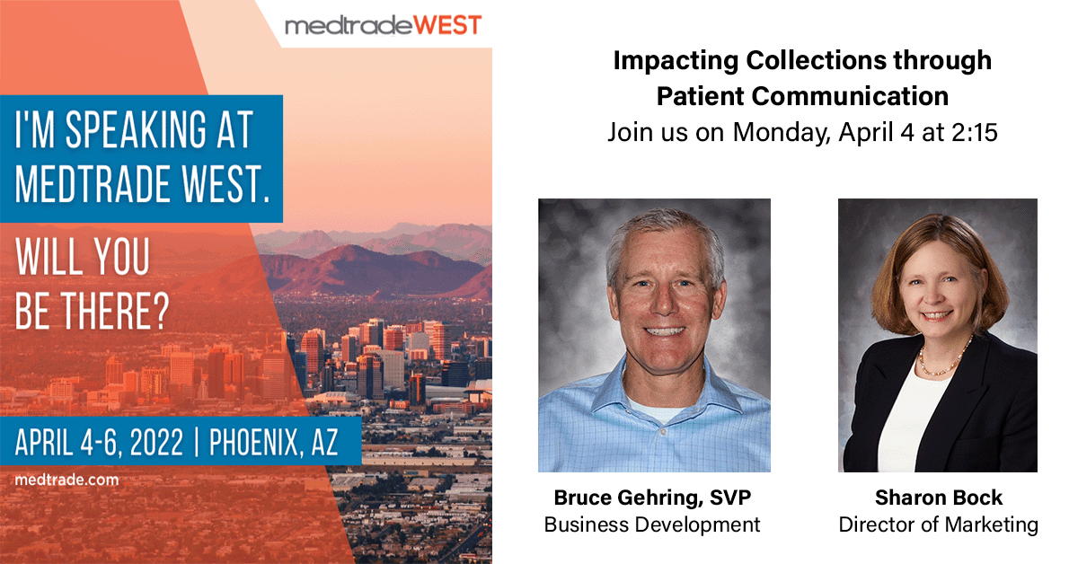 AllegianceGrpHC's tweet photo. If you are at Medtrade, don't forget to Join Bruce Gehring and Sharon Bock at 2:15 to learn how to improve your patient pay collections through effective communications! #MedtradeWest #COLLECTPlus #TurningEveryPatientIntoAPayingPatient https://t.co/LY299WU7wY