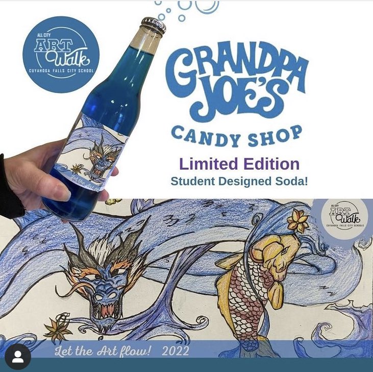 This amazing illustration was created by a 6th grade artist at Roberts Middle School! This Blue- Raspberry Soda will be available at Grandpa Joe’s Candy Shop Art Walk night April 21st. A percent of the sales will go toward funding Art Walk 2023