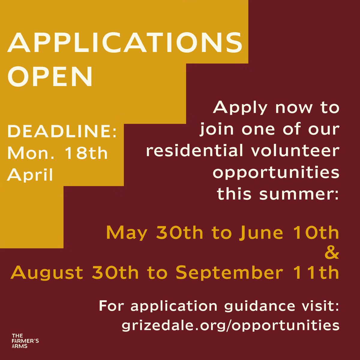 TheFarmersArms_'s tweet photo. 🚨APPLICATIONS OPEN🚨

We are seeking 6 volunteers with skills and experience in hospitality, event management, gardening / horticulture, cooking, youth work or community engagement to join us this summer!

If you’re interested, apply here: https://t.co/tLRxeBA5mB https://t.co/dPH5KI2yv8