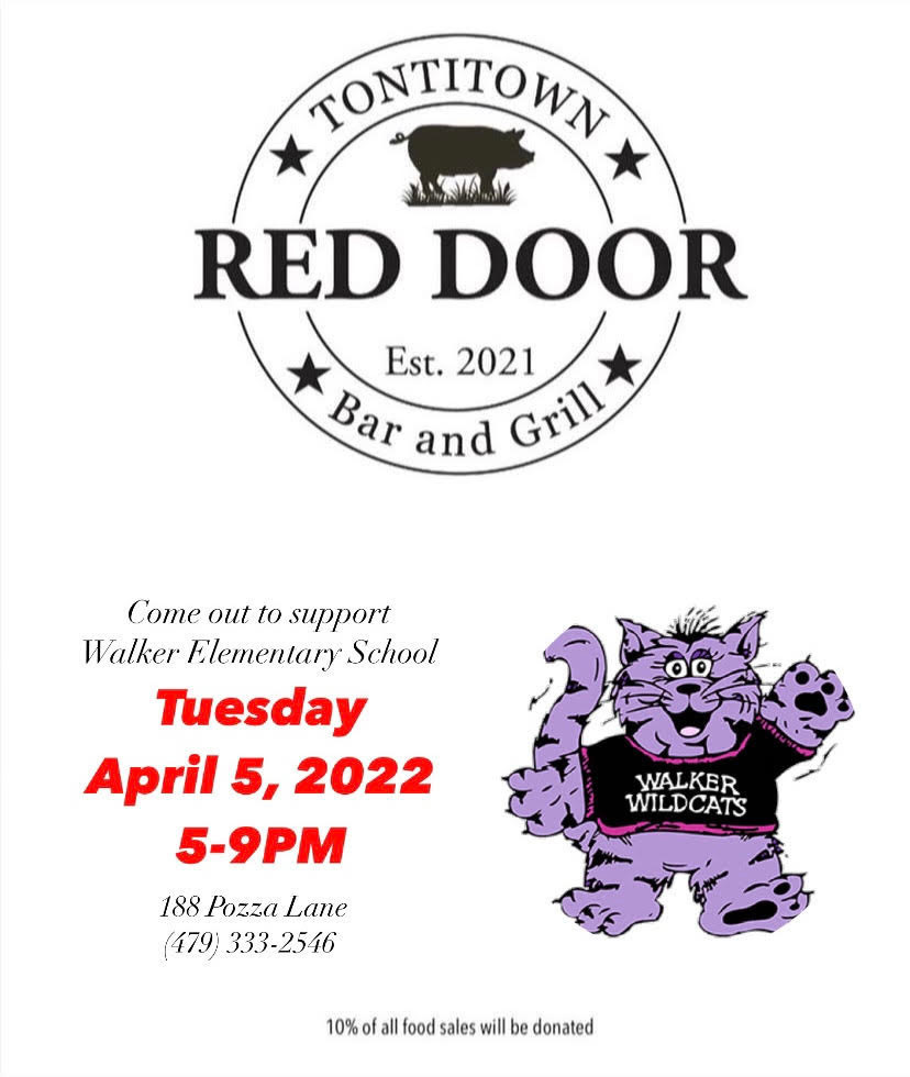 WalkerWildcats1's tweet photo. If you haven't eaten at Red Door in Tontitown yet, now is a great time to try it. On Tuesday, April 5th, from 5-9, Walker Elementary will receive 10% of all food sales.   We hope to see you there! Red Door also offers take out.  
https://t.co/fr9ias95Dg https://t.co/rPp3Ck6nnL