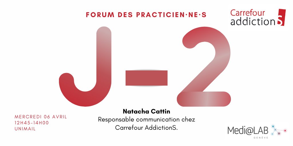 LARA_DSRN's tweet photo. 🔜Les conférences du #forumdespraticiens continuent! 

Le @medialab_geneva accueille Natacha Cattin, responsable de la communication chez Carrefour AddictionS.

Rendez-vous mercredi 06 avril à 12h45 à l'@UNIGEnews et sur @Twitter en live !
#LiveTweet #recovery #drugaddiction🎙️ https://t.co/vHRQZ3eZXl