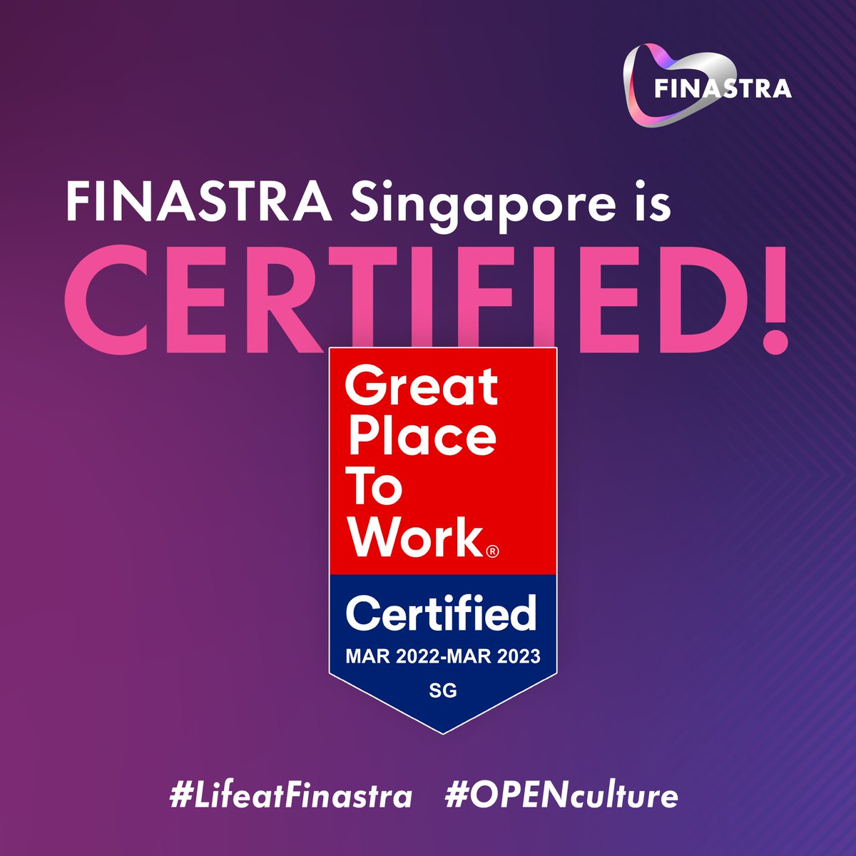 FinastraFS's tweet photo. @FinastraFS Singapore has officially joined Finastra India and Philippines as the 3rd site to be certified as Great Place to Work® – a global authority on building, sustaining and recognizing high-trust, high-performing workplace cultures.
#LifeatFinastra #GPTWcertified #OPEN https://t.co/cSvOeJ4Rvg