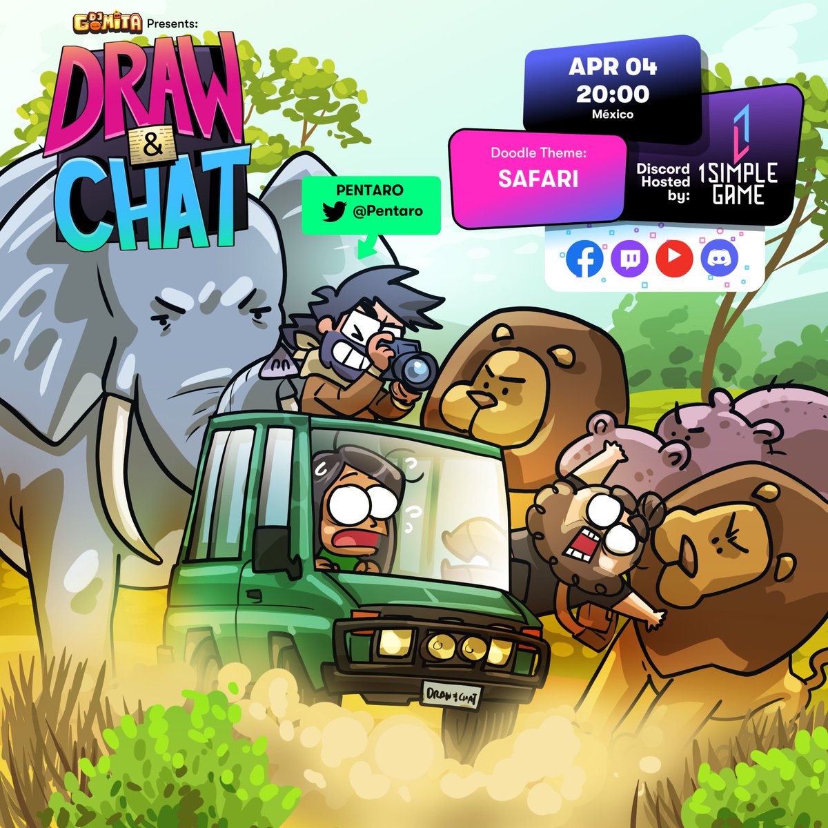 1SimpleGame's tweet photo. 🌞 It's #DrawAndChat day! Tonight at 8 PM, come watch @Pentaro and @djgomita draw Safari themed doodles 🦁 at: https://t.co/UUsibZLin0
#stream #art https://t.co/7ihBz8nxO7