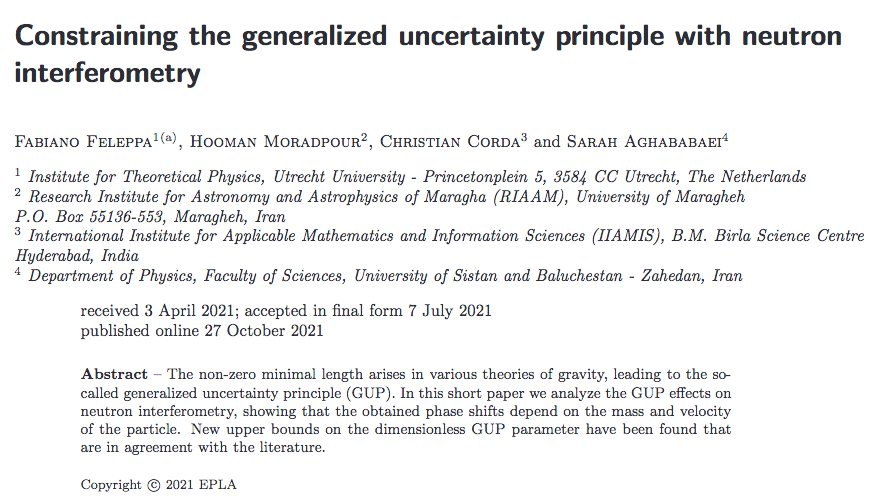 epl_journal's tweet photo. Constraining the generalized uncertainty principle with neutron interferometry by Fabiano Feleppa, Hooman Moradpour, Christian Corda and Sarah Aghababaei @UniUtrecht @UUBeta #UncertaintyPrinciple #NeutronInterferometry - https://t.co/5f9Zl2kBSt https://t.co/6995hokXqY