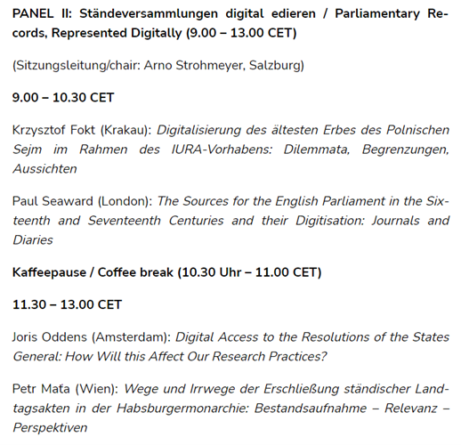 Heute beginnt das 2.Panel #rta1576 'Ständeversammlungen digital edieren / Parliamentary Records, Represented Digitally', mit Krzysztof Fokt, @pseaward1, @JorisOddens, Petr Mata. #twitterhistorians #parliament #earlymodern #digitalEdition