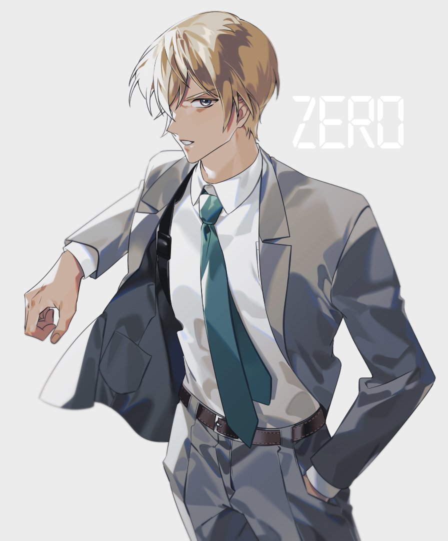 1boy solo male focus necktie shirt grey pants blonde hair  illustration images